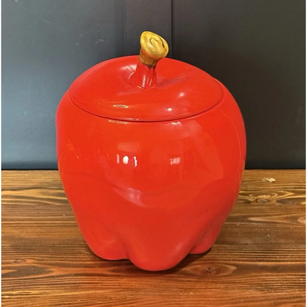 Vintage Mid Century Ceramic Large Red Apple Cookie Jar - Cottagecore Granny 11